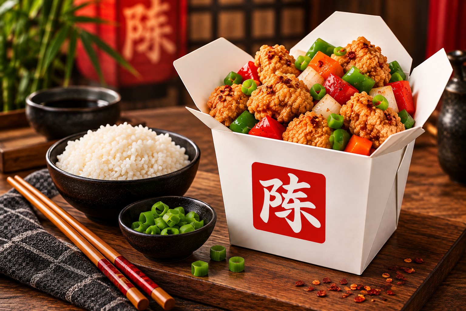 Crispy salt and pepper chicken with red and green peppers and onion in a House of Chan takeout box, with steamed rice and green onions